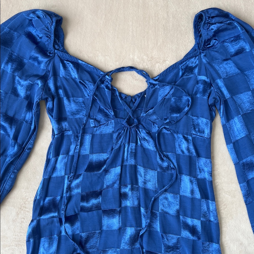 ASOS Tall Satin Blue Checkerboard Jacquard Long Sleeve Dress. Women’s Size 6. - Picture 5 of 9